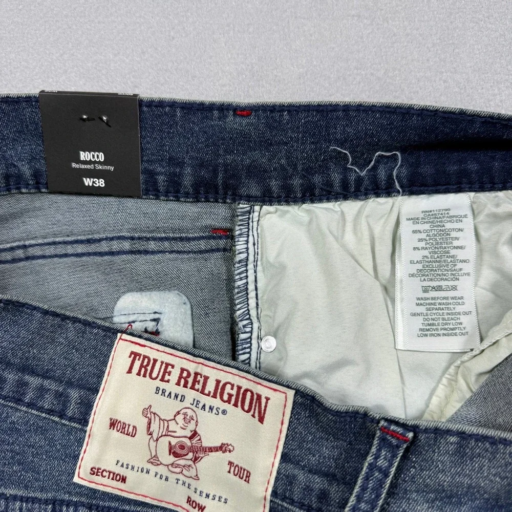 True Religion Denim Shorts Mens‎ Rocco W38 Blue Red Stitch Relaxed Skinny NWT